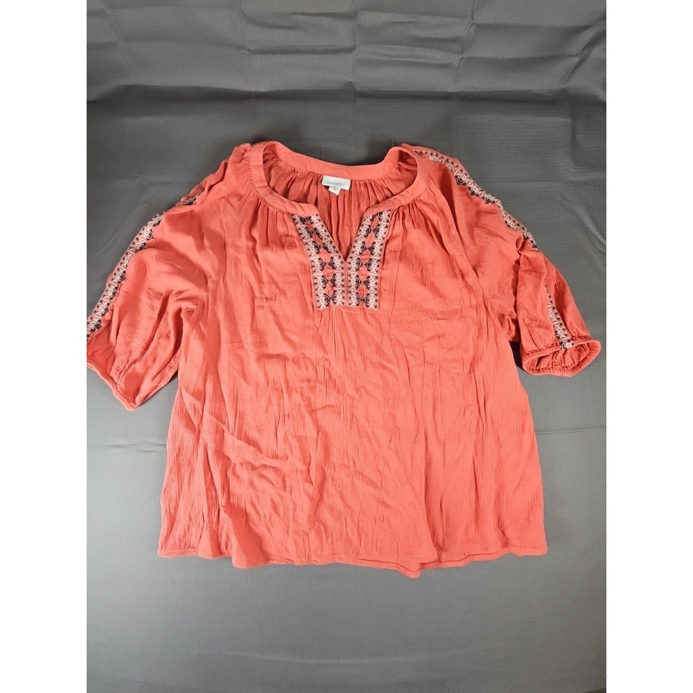 J Jill Embroidered Flowy V-neck Coral Boho Top Size MED Cotton/rayon Blend